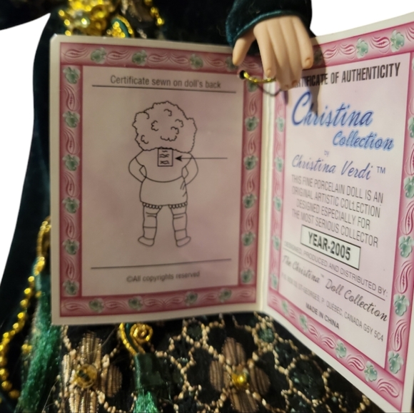 Vtg 05 Christina Verdi Special Edition Collection Porcelain Doll 18" Green Gold - Picture 14 of 14